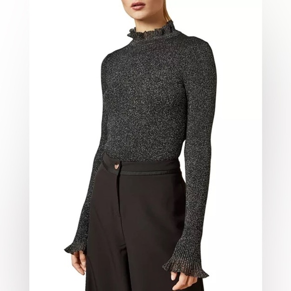 Ted baker Milnia Frilled Metallic Turtleneck Sweater black silver sz 0 - Picture 1 of 10